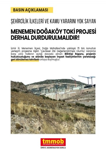TMMOB’den Menemen Doğaköy TOKİ projesi için durdurma çağrısı